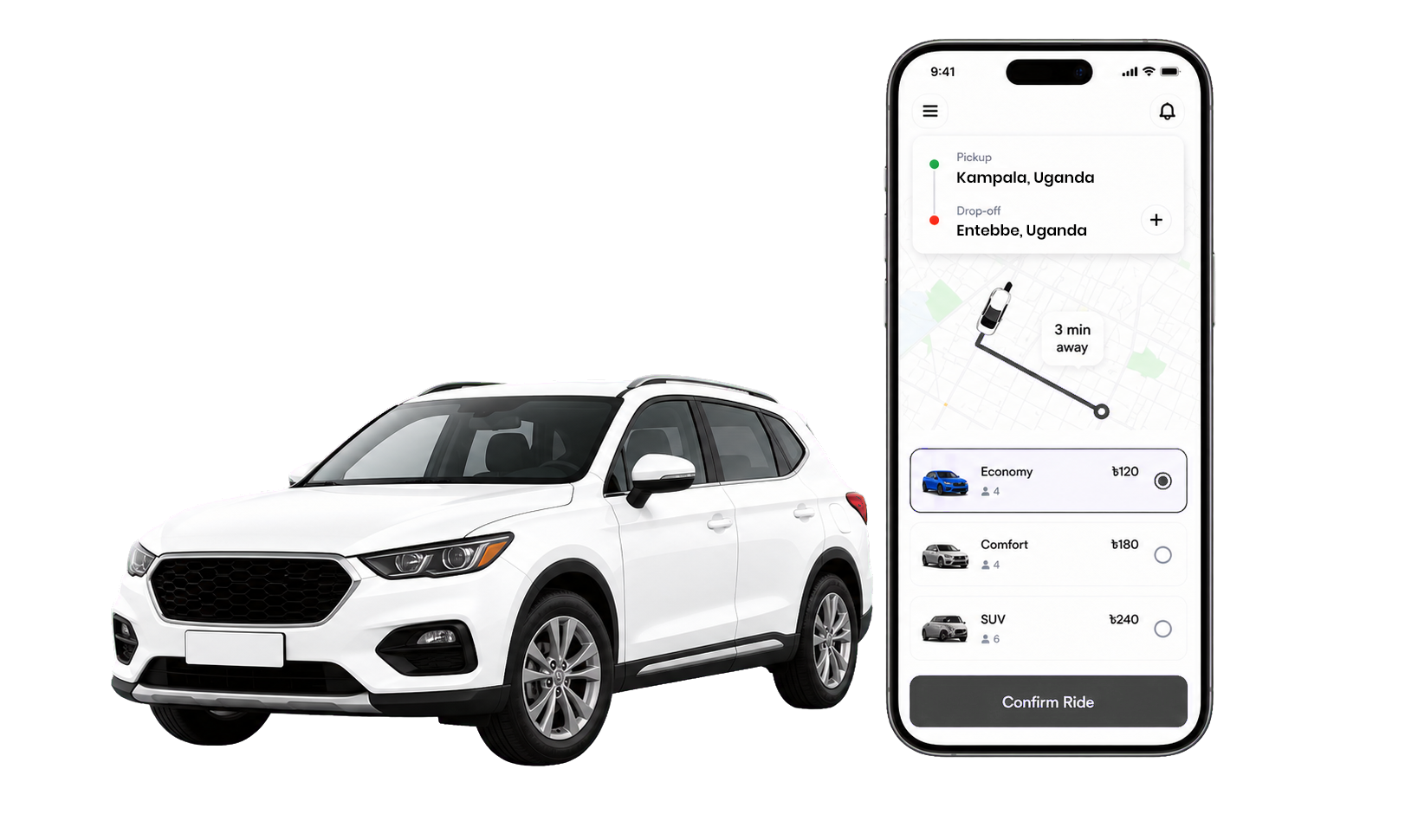ReadyRide app booking interface with car