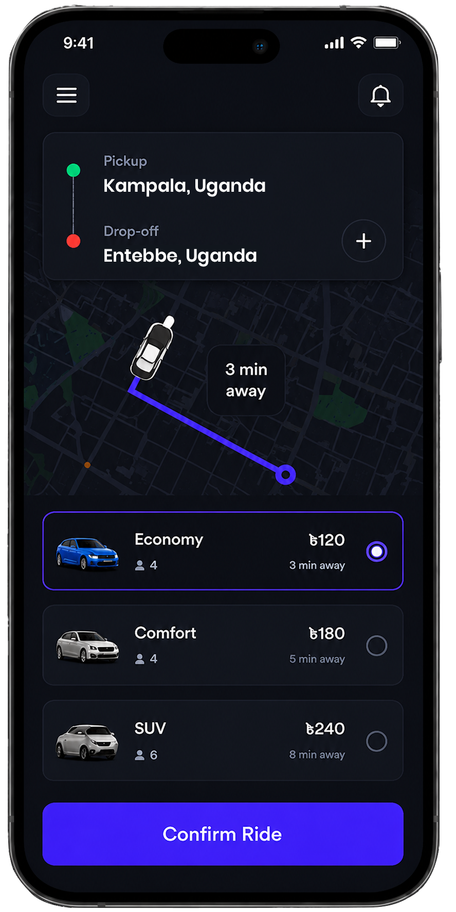 ReadyRide app booking screen